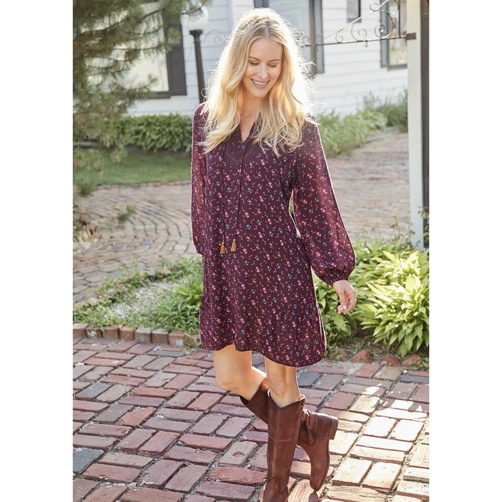 Matilda Jane Local Luxuries Dress Fall Boho Burgundy Floral Tassels Trendy XS